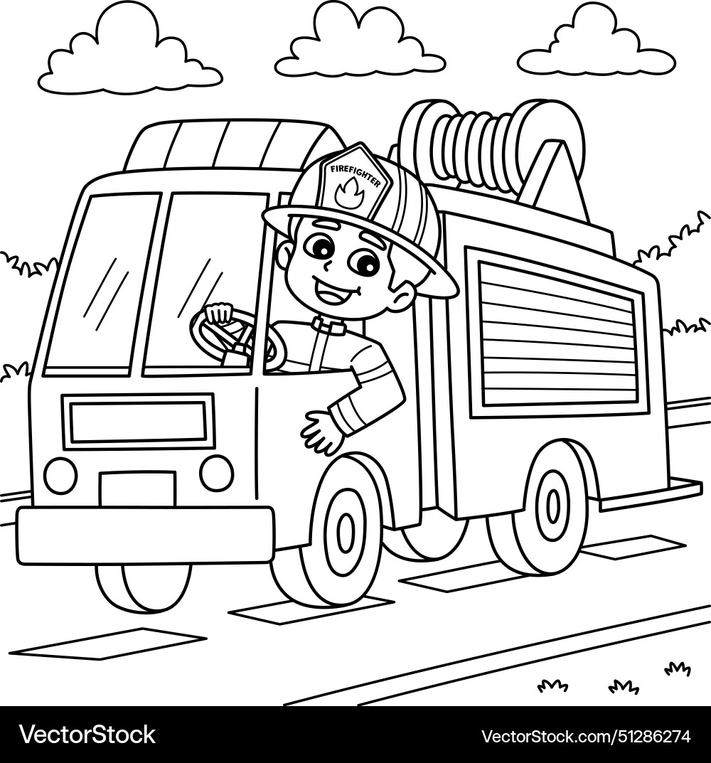 Firefighter Driving A Fire Truck Coloring Page Vector Image