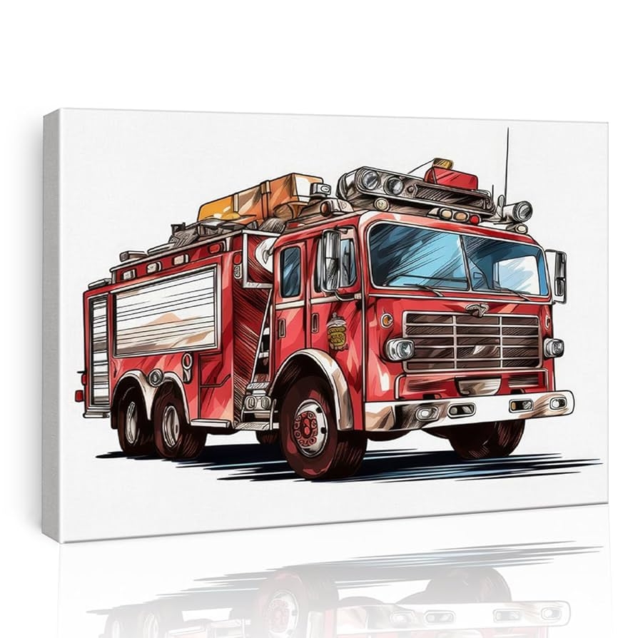 Firetruck Wall Art Boys Room Decor Watercolor Firetruck Poster Framed Painting Print Canvas Artwork For Home Office Nursery Decor 12 X 15 Inch