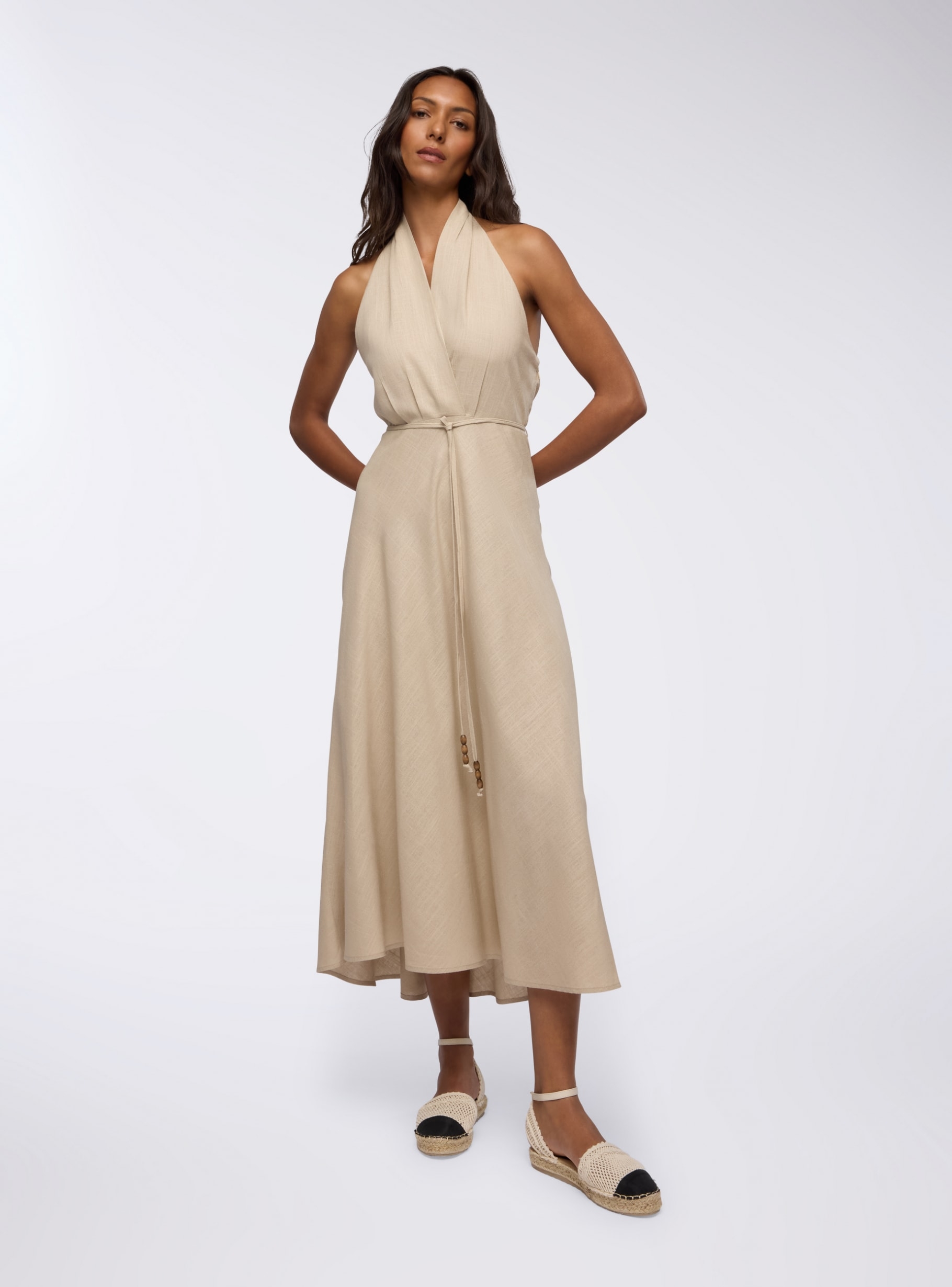 Flared Dress With Halter Neckline In Linen Blend Sand Terranova