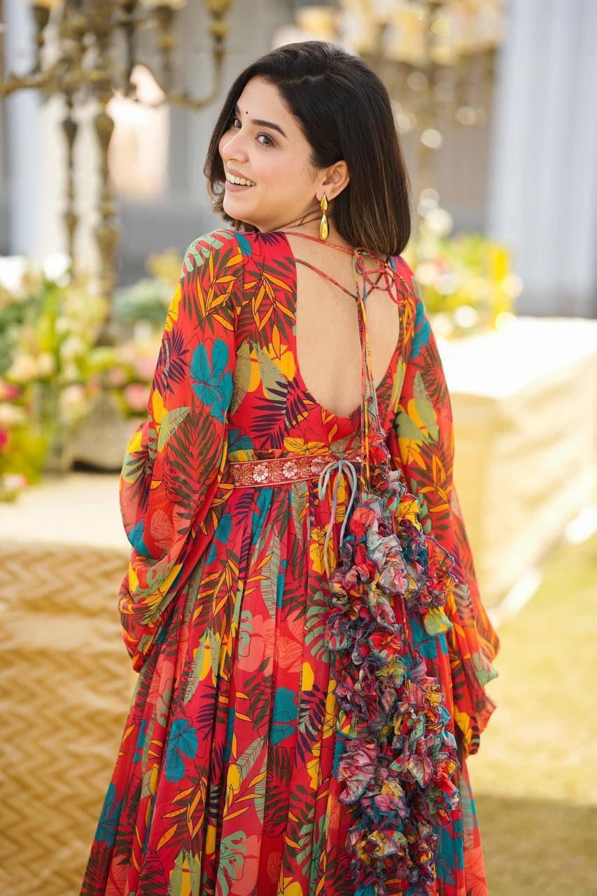 Floral Multicolor Maxi Dress With Balloon Sleeves Festive Occasion Wear Little Wish Fashion Collection