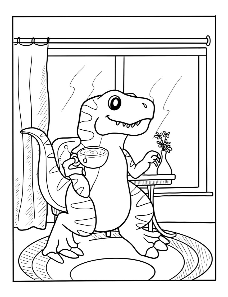 Get A Funny Coloring Page For Free Tea Drinking T Rex Dinosaur 