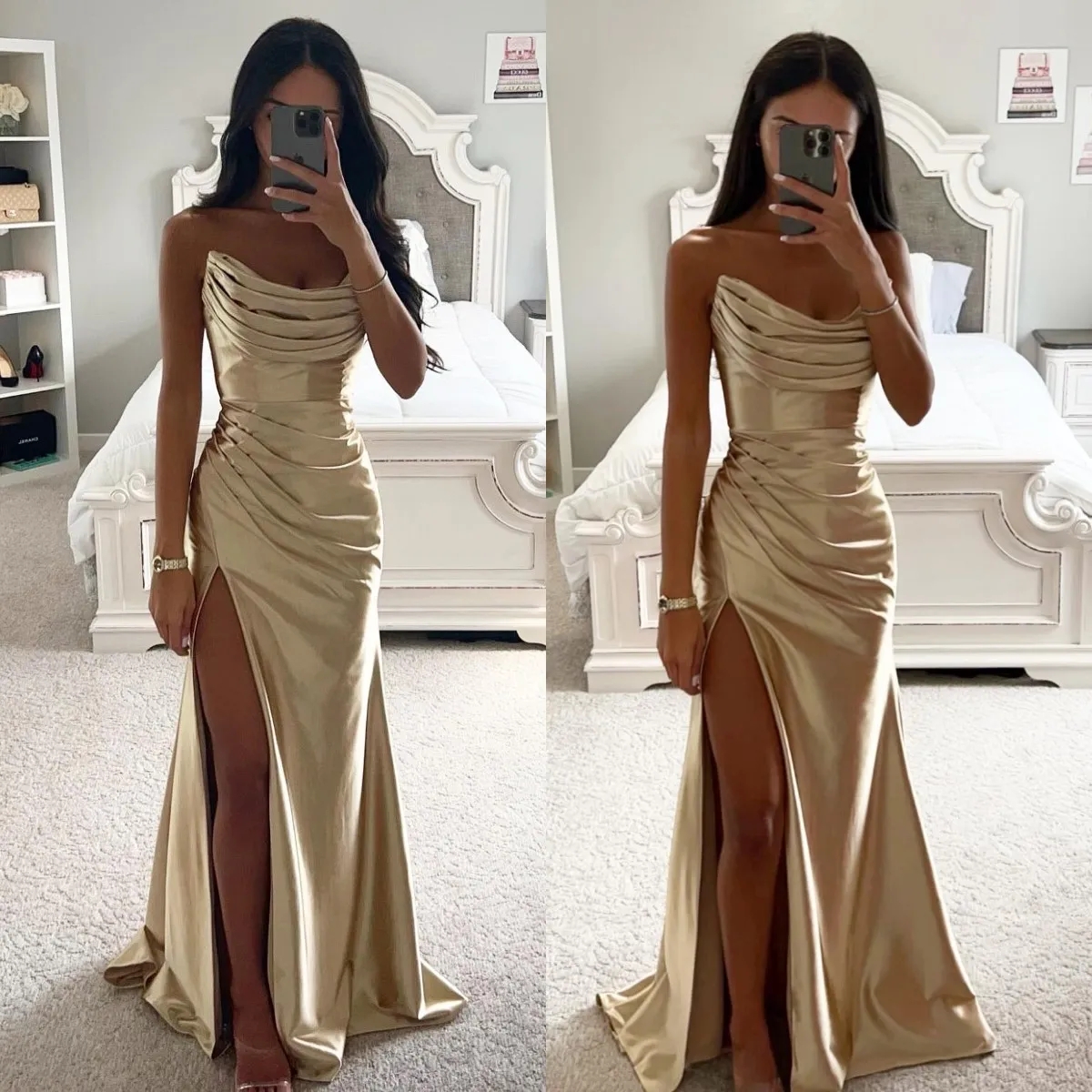 Gold Prom Dresses Sheath Strapless Champagne Gown Prom With Split Elegant Evening Gown For Red Carpet Events