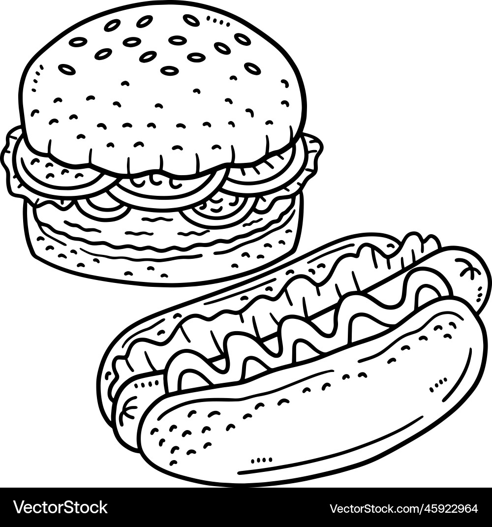Hamburger And Hotdog Isolated Coloring Page Vector Image