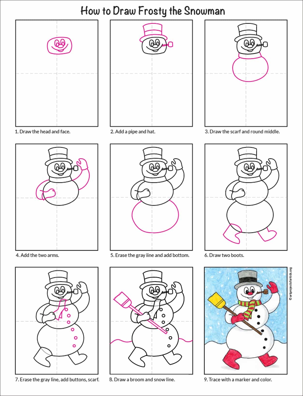 How To Draw Frosty The Snowman Step by Step Art Lesson For Kids