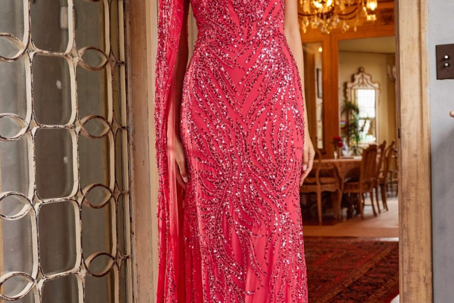 Jovani 23887 Watermelon Embellished One Shoulder Evening Dress Jovani