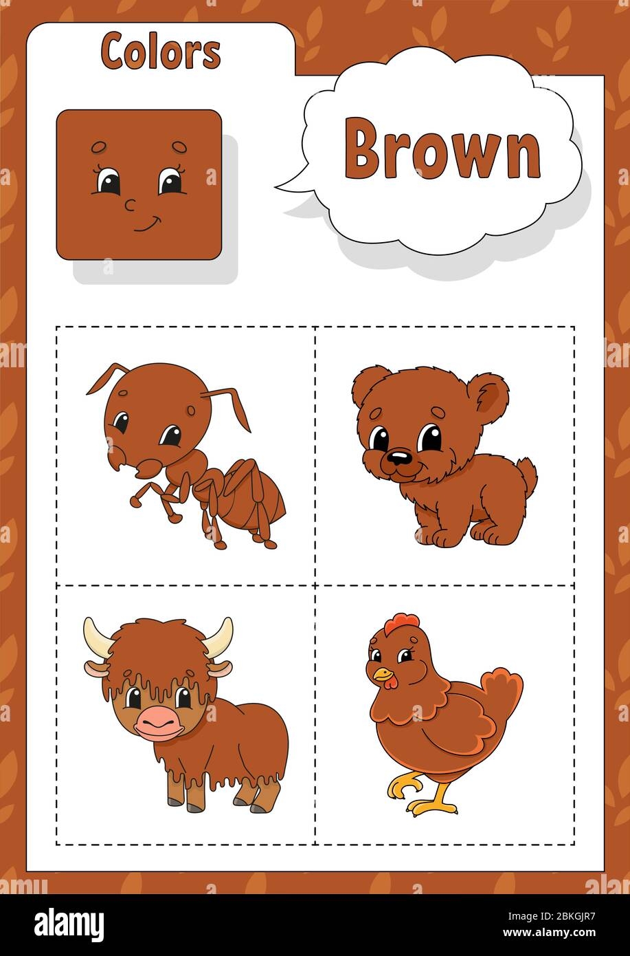 Learning Colors Brown Color Flashcard For Kids Cute Cartoon Characters Picture Set For Preschoolers Education Worksheet Vector Illustration Stock Vector Image U0026 Art Alamy