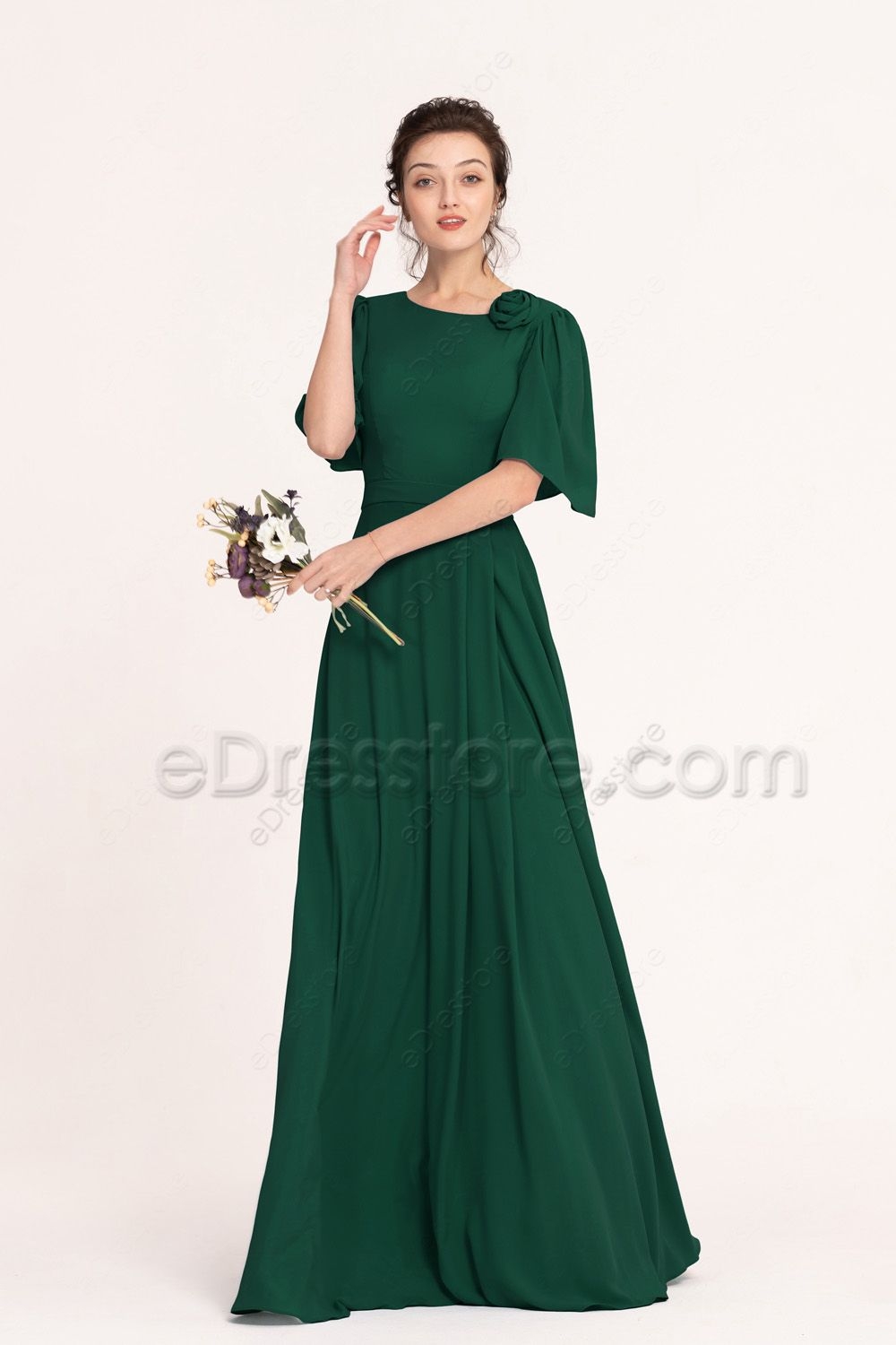 Modest LDS Dark Hunter Green Bridesmaid Dresses Elbow Sleeves