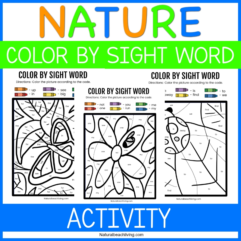 Nature Color By Sight Word Kindergarten Worksheets Natural Beach Living