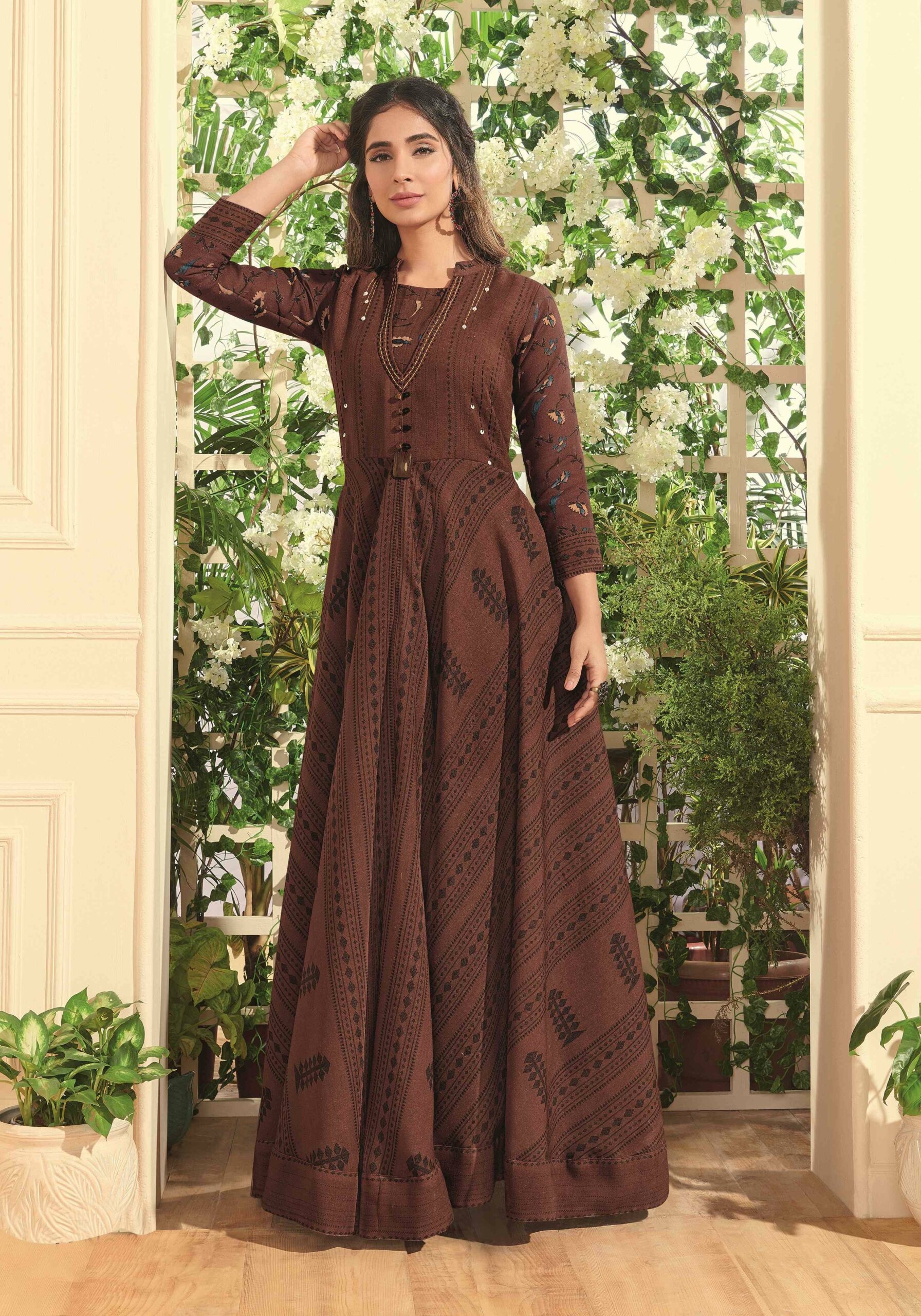 Navyaa Brown Color Soft Silk Print With Embroidery Gown Absolutely Desi