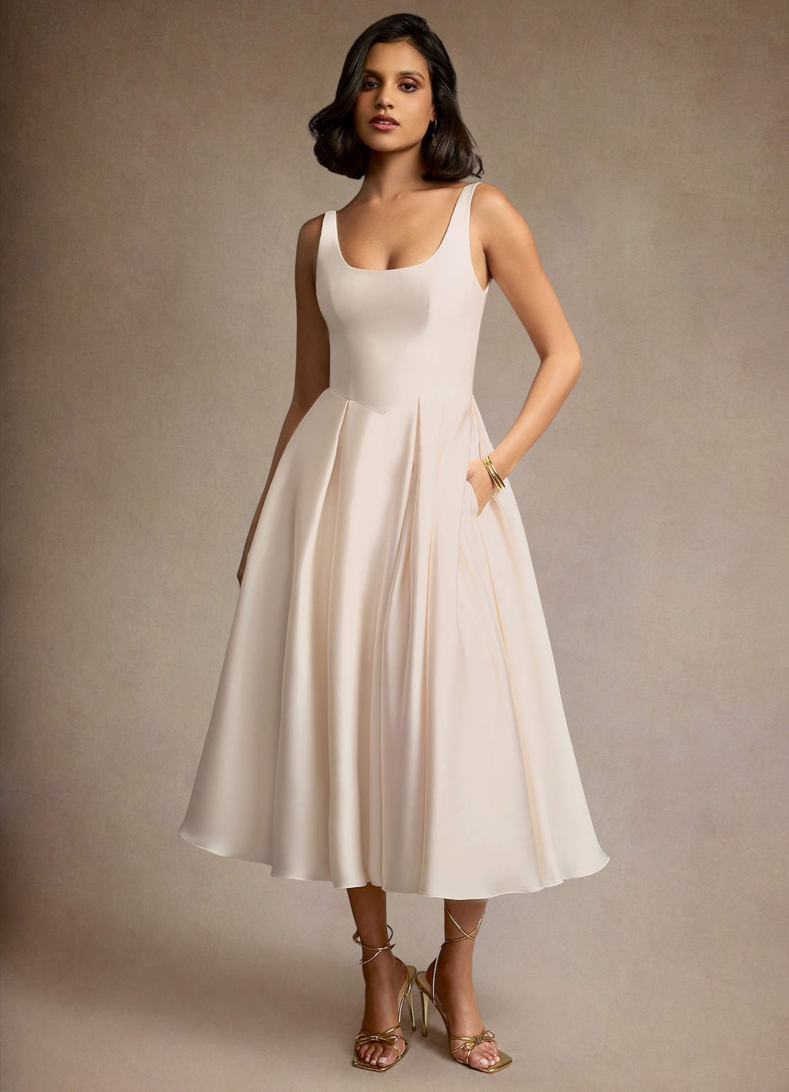 Olivia Cream Pleated Midi Dress Azazie IE