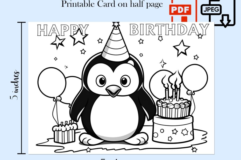 Penguin Happy Birthday Cards Coloring Page Kids Bday Printable Party Child Digital Activities Greeting Card PDF JPG And Envelope Template Etsy UK