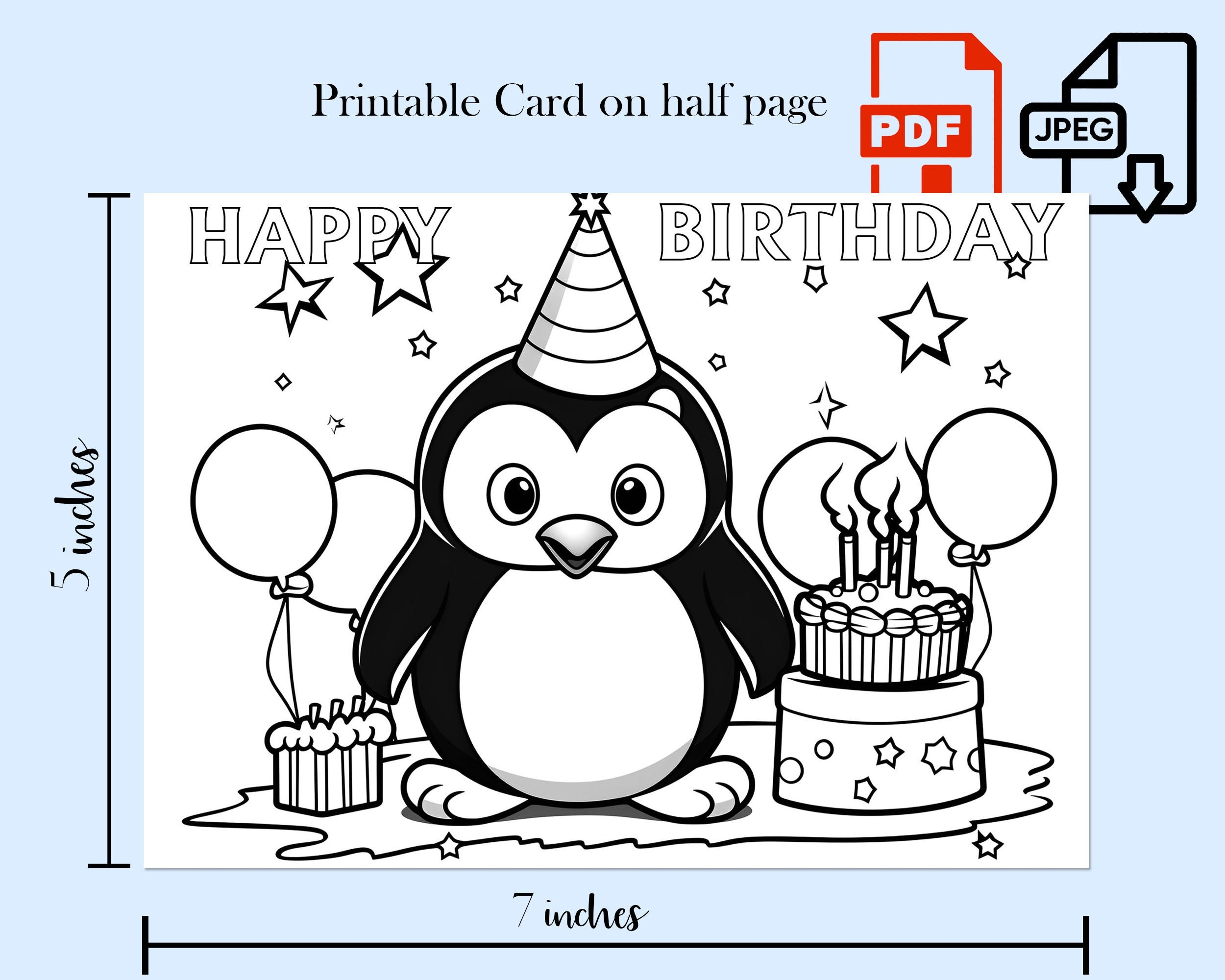 Penguin Happy Birthday Cards Coloring Page Kids Bday Printable Party Child Digital Activities Greeting Card PDF JPG And Envelope Template Etsy UK