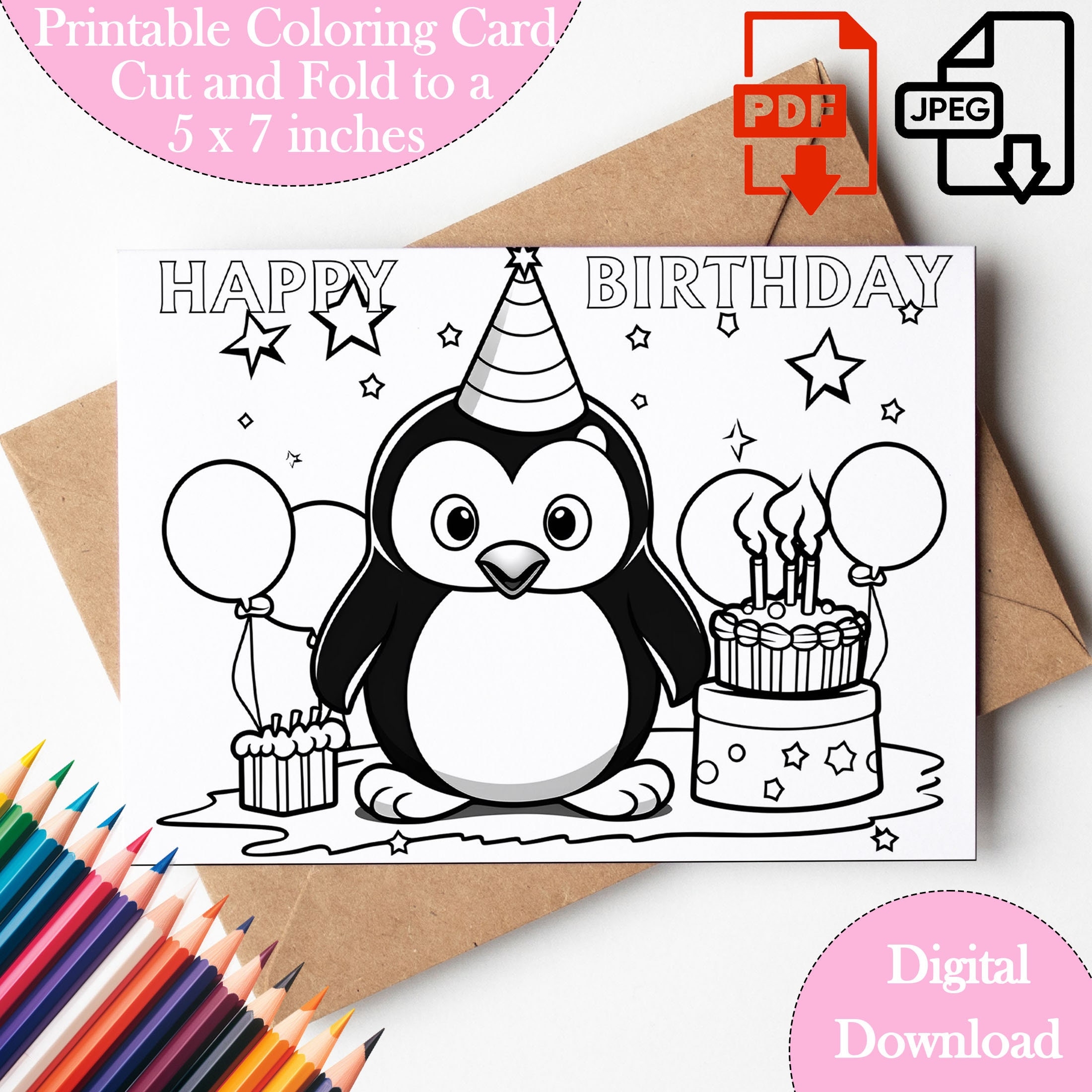 Penguin Happy Birthday Cards Coloring Page Kids Bday Printable Party Child Digital Activities Greeting Card PDF JPG And Envelope Template Etsy