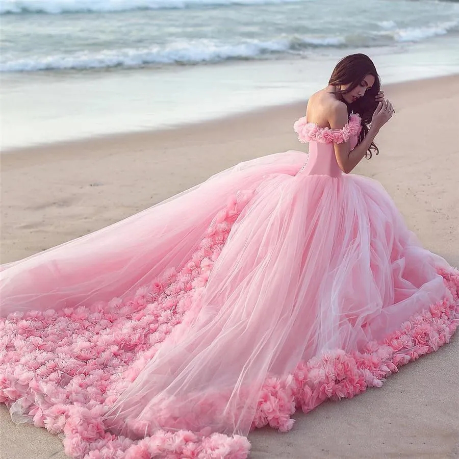 Pink Cloud 3D Flower Rose Wedding Attendee Dress With Long Tulle 