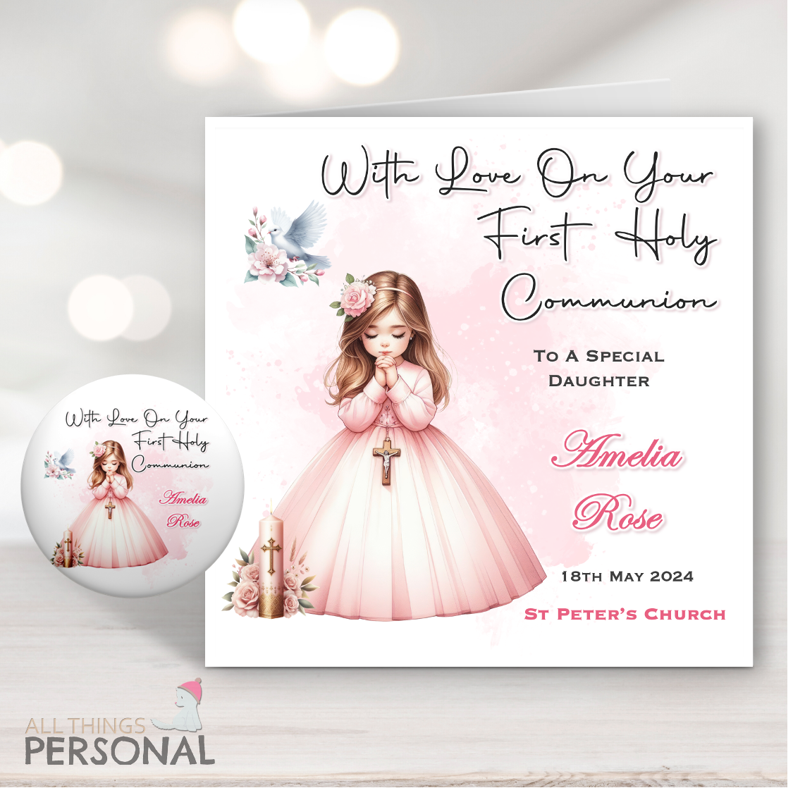 Pink Girl s First Holy Communion Card All Things Personal