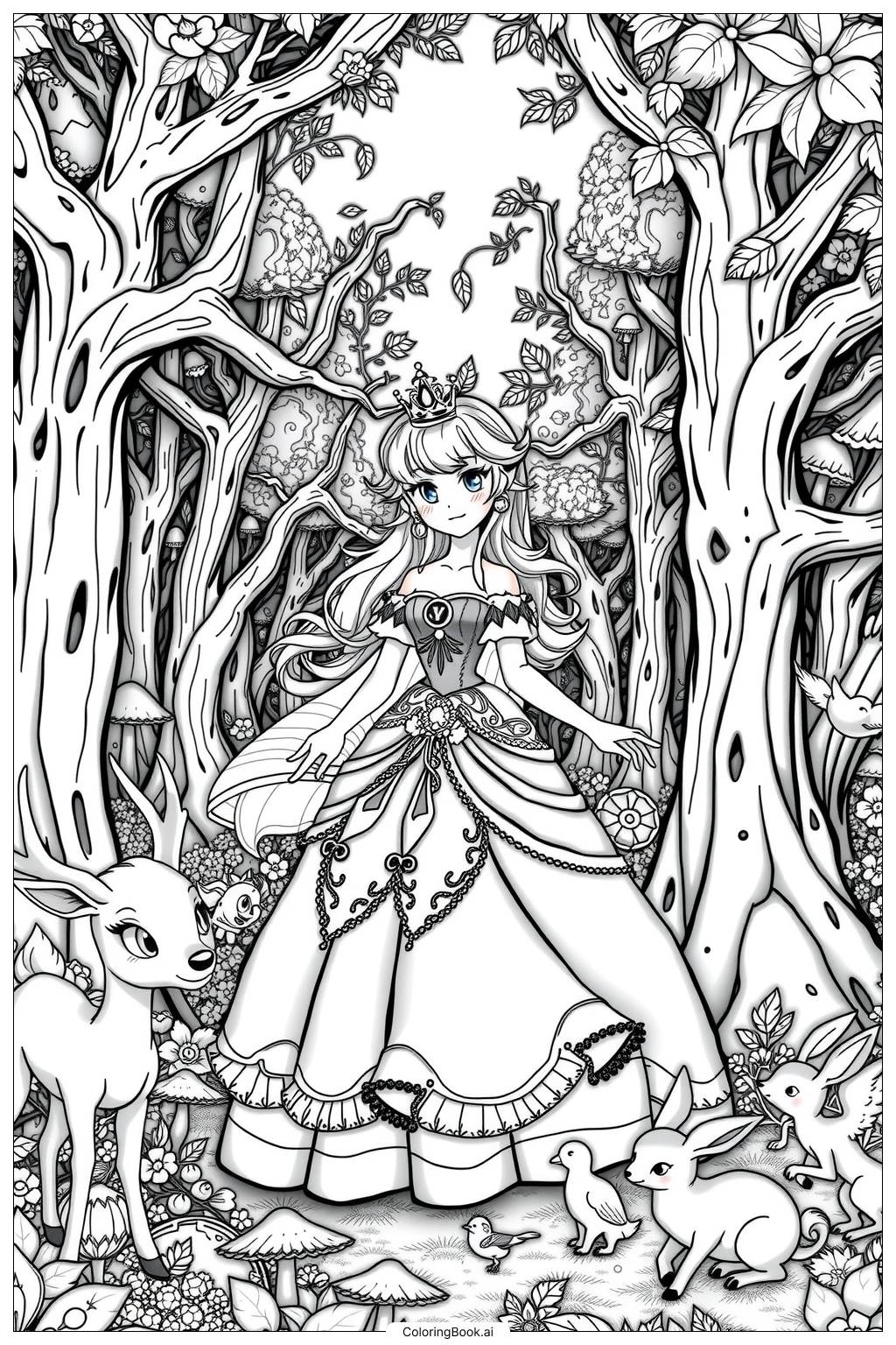 Princess Peach Playing With Woodland Creatures Coloring Page Free 