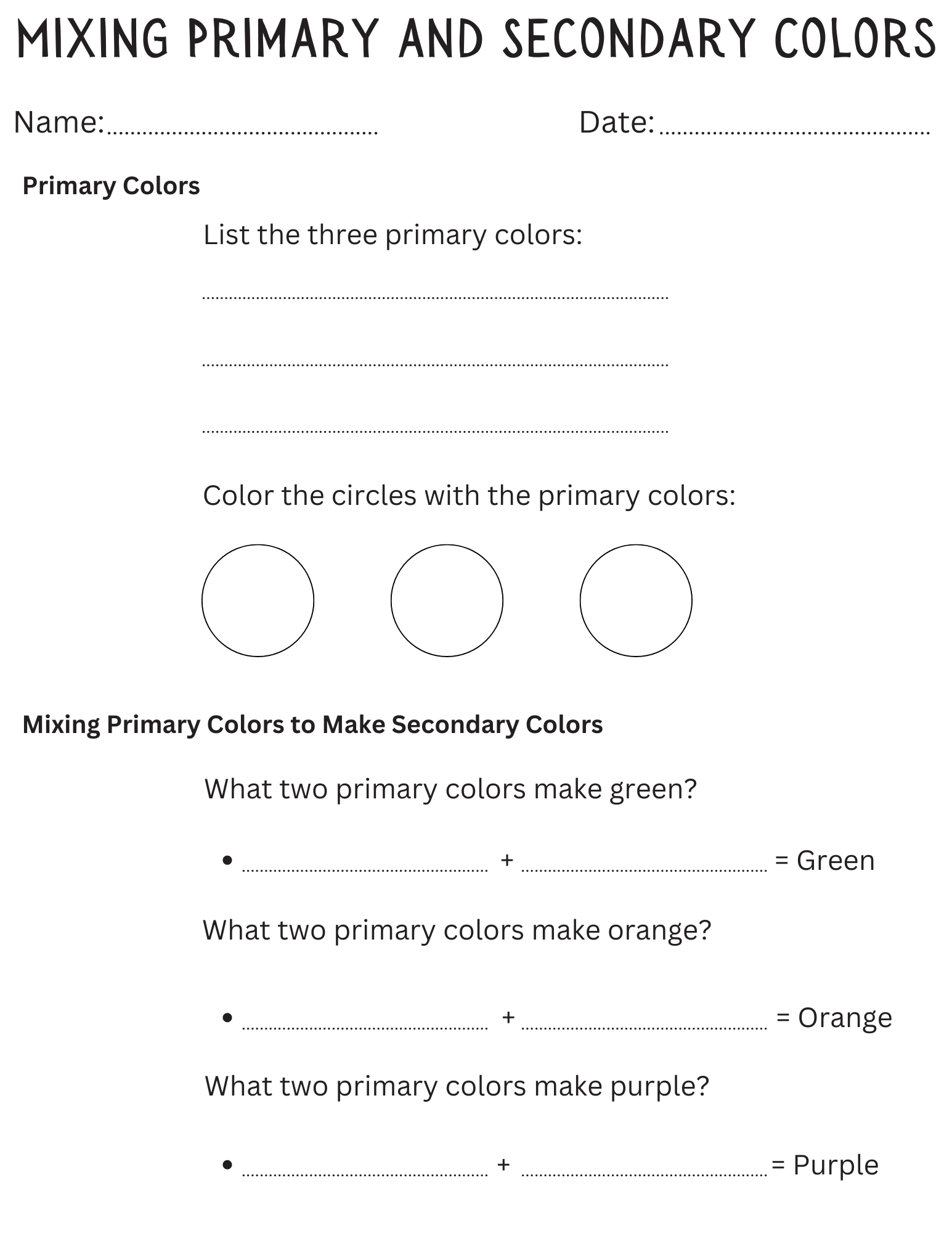 worksheet for colors