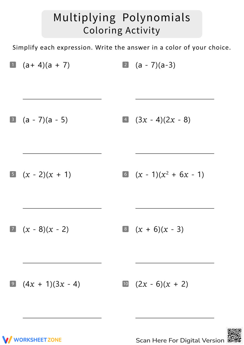 multiplying polynomials coloring worksheet