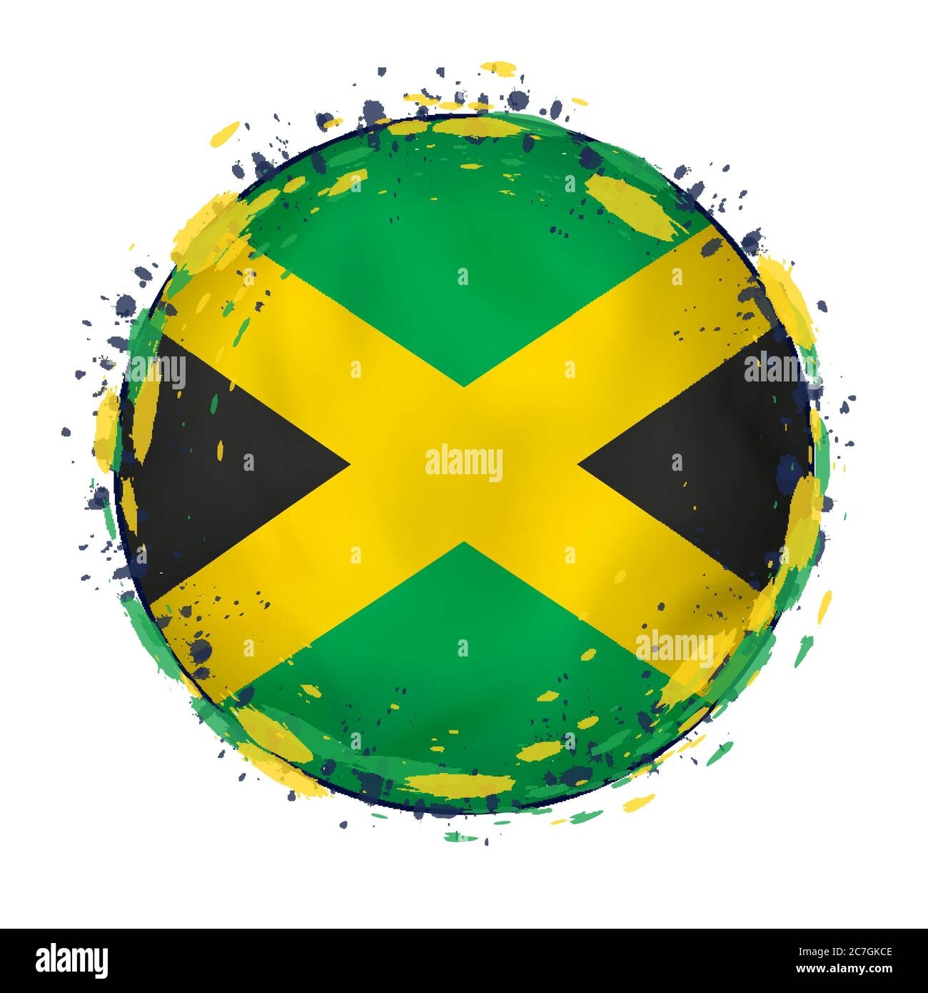 Round Grunge Flag Of Jamaica With Splashes In Flag Color Vector 