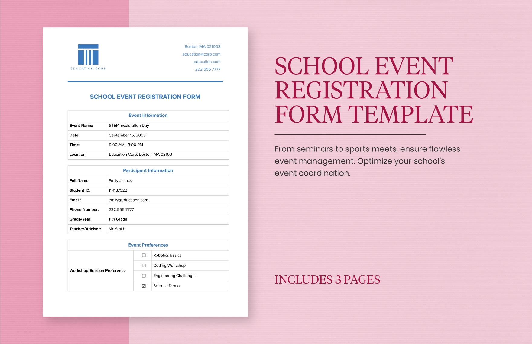 School Event Registration Form Template In Word PDF Google Docs 
