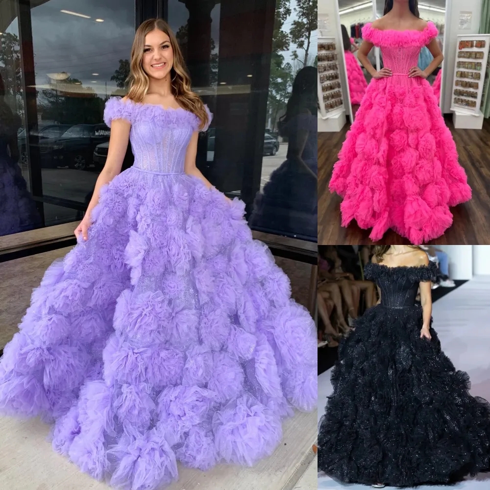 Shimmering Scarlet Tulle Prom Dress Off Shoulder Ruffled Ball Gown For Enchanting Soir es