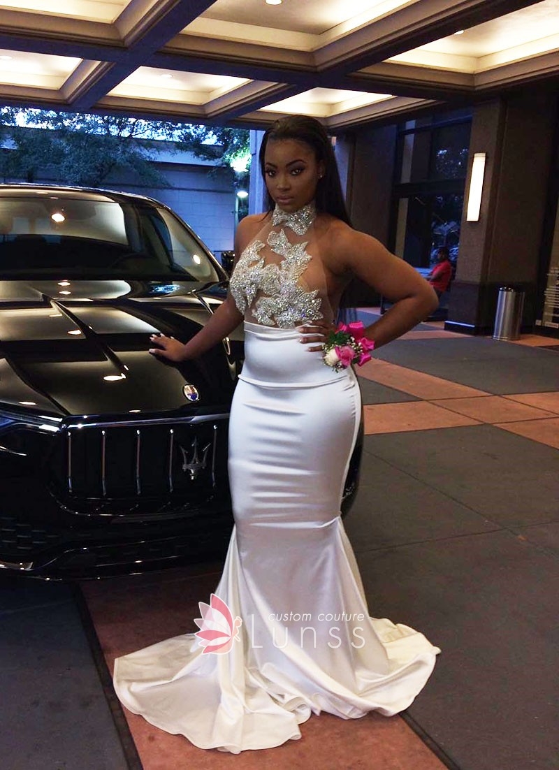 Silver Beading Bodice Ivory Satin Mermaid Prom Dress Lunss