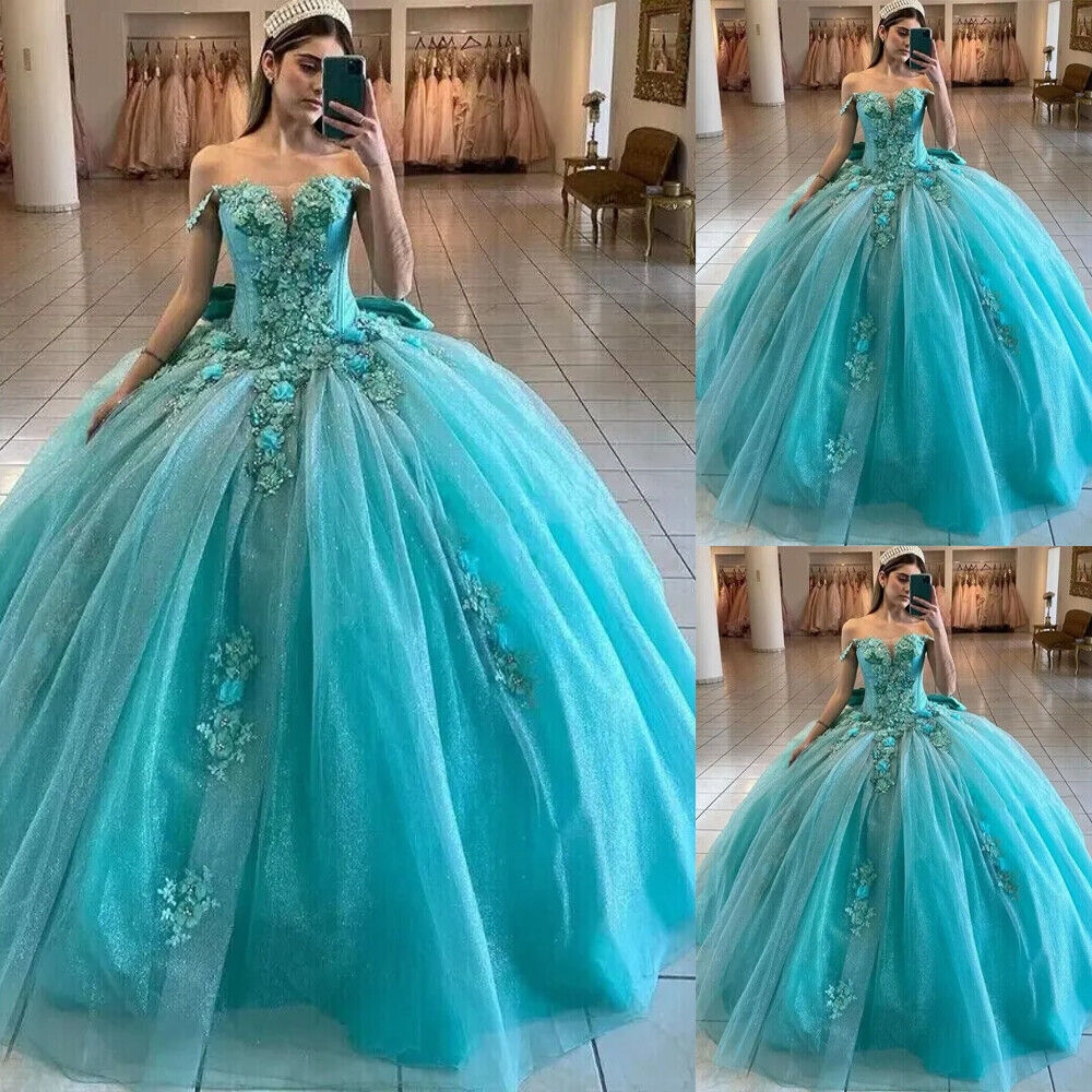 Turquoise Quinceanera Dresses Off Shoulder Sweet 15 16 Princess Party Ball Gown
