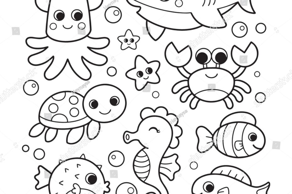 Vektor Stok Ocean Animals Coloring Pages Kids Tanpa Royalti 2260693421 Shutterstock