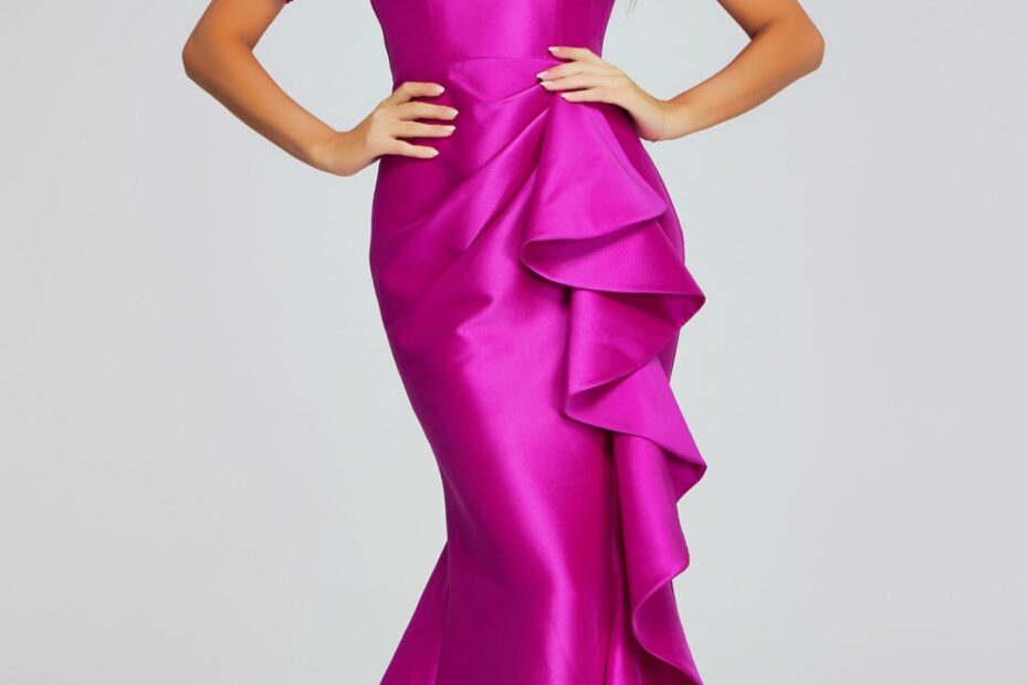 Vibrant Orchid Gown With Square Neckline And Ruffle Detail 41128