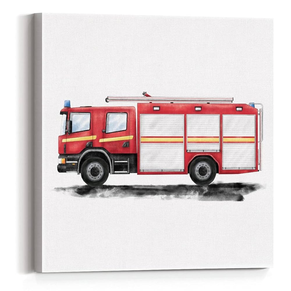 Watercolor Firetruck Print Fire Engine Paintings Canvas Wall Art 12x12 Firetruck Poster Canvas Transportation Nursery Artwork Ready To Hang Home Office Playroom Decor Framed Amazon co uk Home U0026 Kitchen